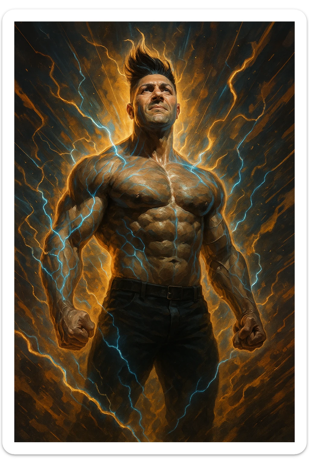 cinematic a man with a chiseled physique and wild, upward hair stands center stage, fists clenched and chest out. A radiant, electric aura envelops him, with energy lines and glowing effects highlighting his strength and masculinity. His face shows determination and pride, and the background features explosive, dynamic patterns. sticker