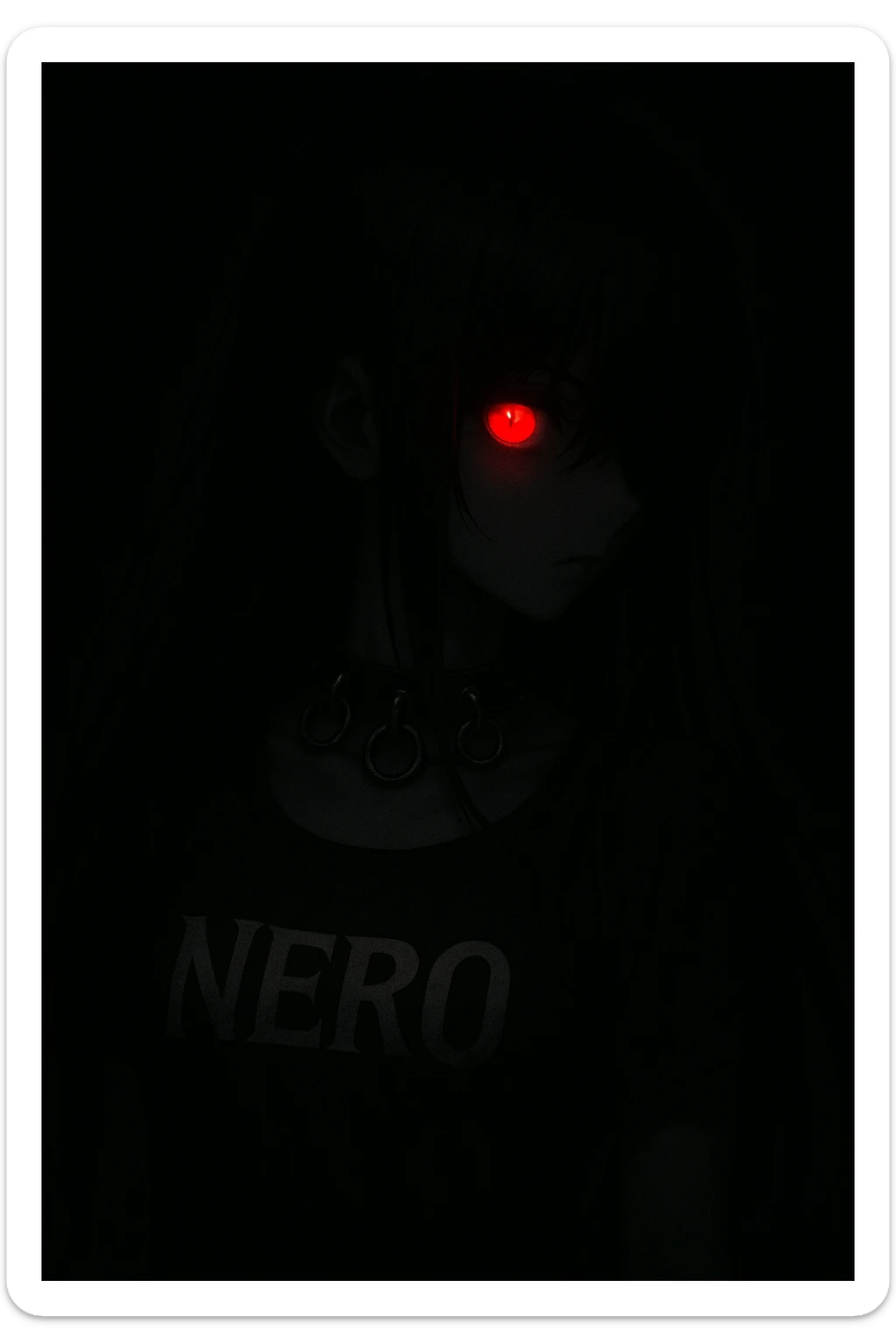 In a pitch-black setting, a mysterious anime girl with black hair covering her face turns right. Her left eye glows crimson, radiating menace. She wears a dark leather necklace with metal rings, and 'NERO' is sharply inscribed on her dress. sticker