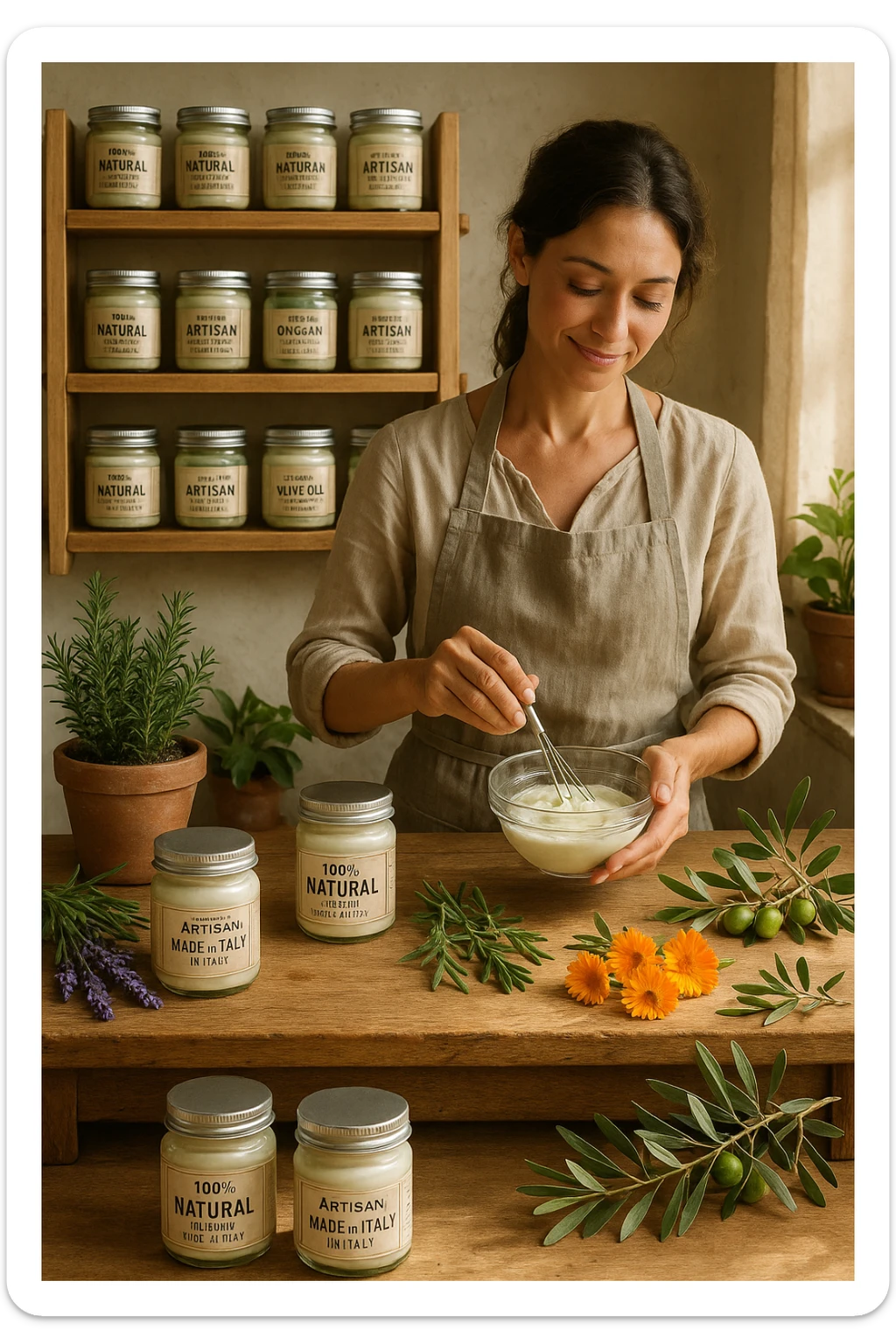 A realistic, high-quality photo of a small artisan skincare laboratory in Italy, with wooden shelves displaying beautifully packaged glass jars of natural creams made with herbal and botanical extracts, olive oil, and essential oils, clearly labeled ‘100% Natural’ and ‘Artisan Made in Italy’. The scene includes a bright, sunlit rustic workspace with plants, fresh lavender, rosemary, calendula flowers, and olive branches on the wooden counter, symbolizing purity and nature. A female artisan in a linen apron is carefully mixing creams in a glass bowl, smiling softly. The environment feels warm, authentic, and eco-friendly, emphasizing the concept of handcrafted skincare without synthetic chemicals in italiano sticker