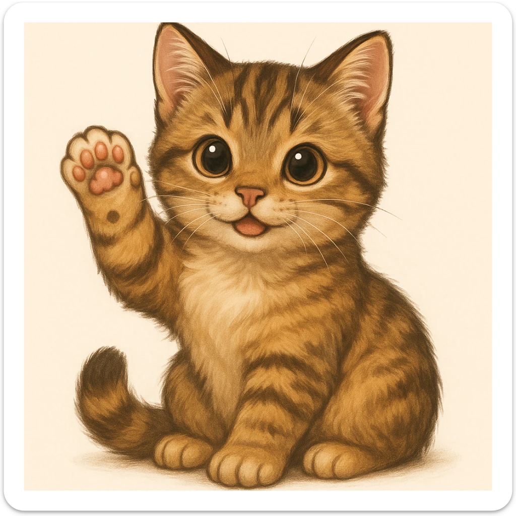 A cute cat waving its paw, friendly and adorable, in general style, detailed and vibrant. sticker