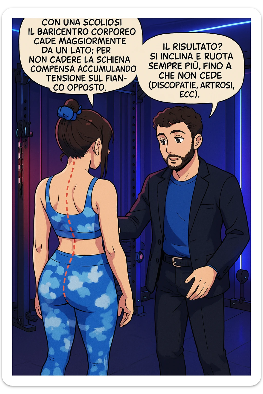 fai questa immagine in versione manga/webtoon a colori, il manga mostra la donna di spalle, mentre l'uomo le tocca la spina dorsale per spiegarle come funziona la scoliosi:
Con una scoliosi il baricentro corporeo cade maggiormente da un lato; per non cadere la schiena compensa accumulando tensione sul fianco opposto.
Il risultato? Si inclina e ruota sempre più, fino a che non cede (discopatie, artrosi, ecc) sticker