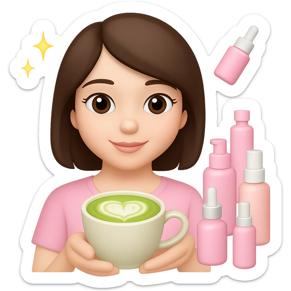 Create an Apple emoji style profile picture of a girl with short dark brown hair and brown eyes, pink soft girl aesthetic, holding a matcha latte, surrounded by pink skincare and makeup, sparkles, with a slightly different pose and facial expression. The style should mimic Apple emojis with a soft and polished look. sticker