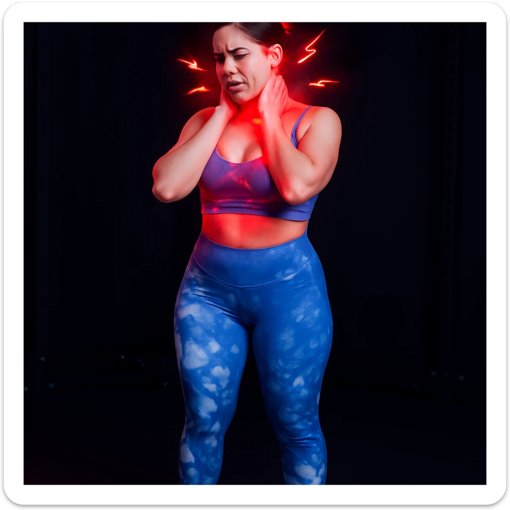Realistic style edit of the girl identical to the photo with both hands on the neck, face contracted in pain, pain symbols like red lights and lightning on neck and head. sticker