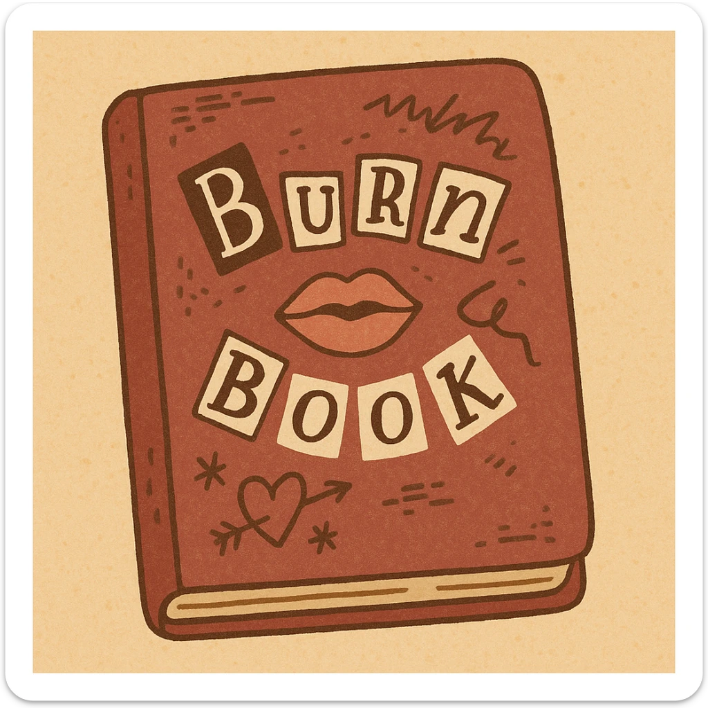 a burn book inspired by Mean Girls, with a burgundy cover, playful and sassy details, and a hint of mischief sticker