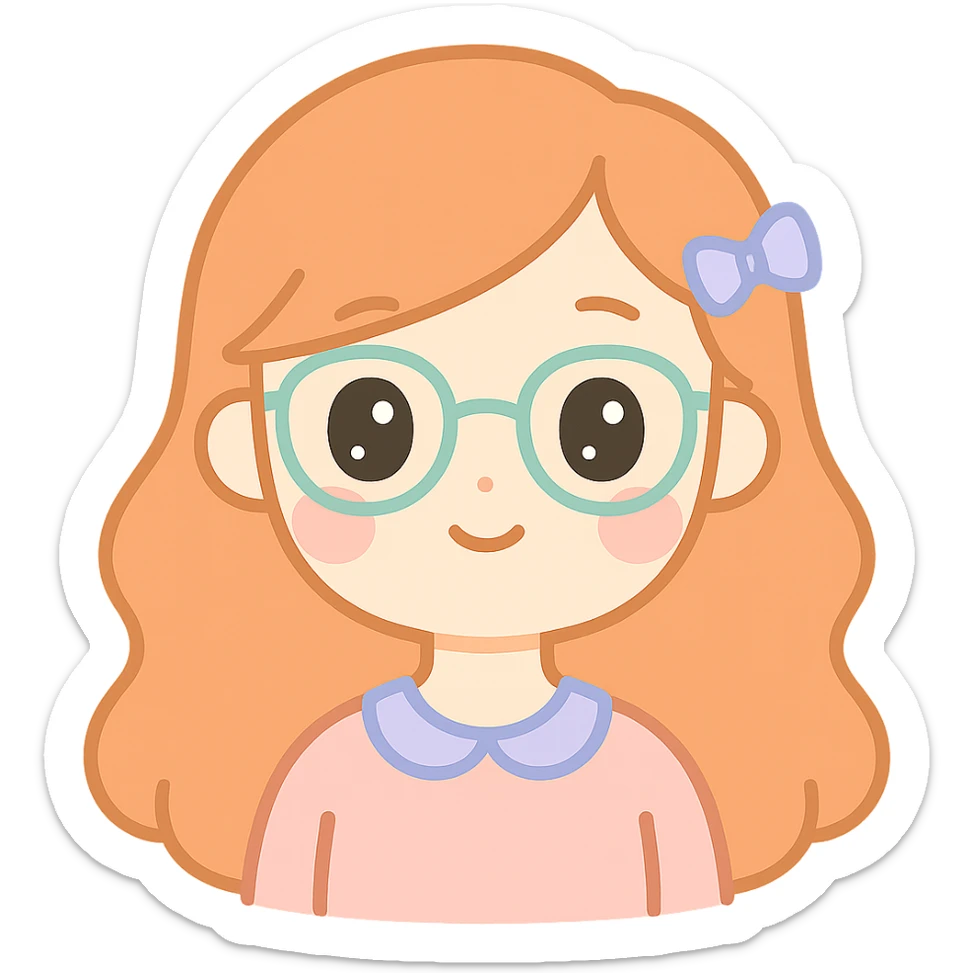 kawaii style portrait of a woman with long copper hair, fair skin, and glasses sticker