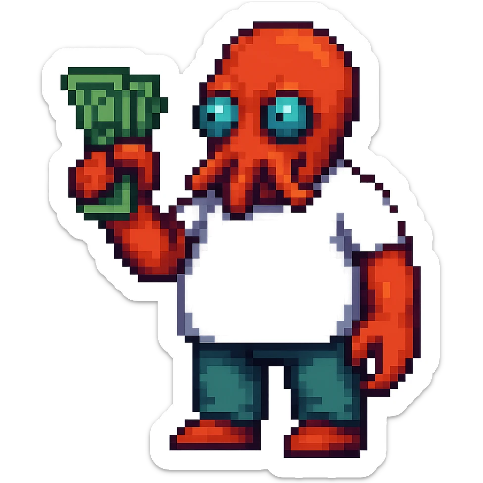 Full body pixel art style illustration of Zoidberg from Futurama holding up a stack of money, no background. Use pixel art style as the target style. sticker