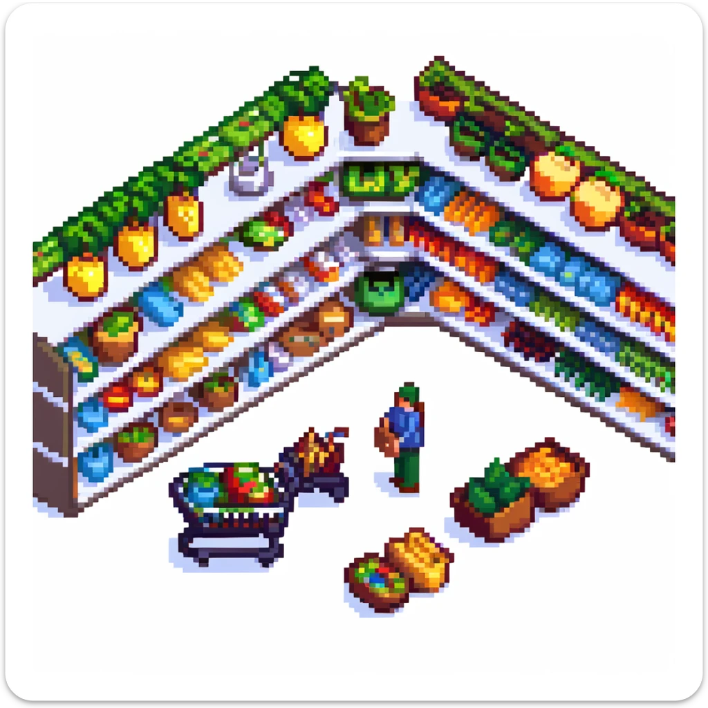 Isometric view of a supermarket with shelves of products, shopping carts, and checkout counters sticker