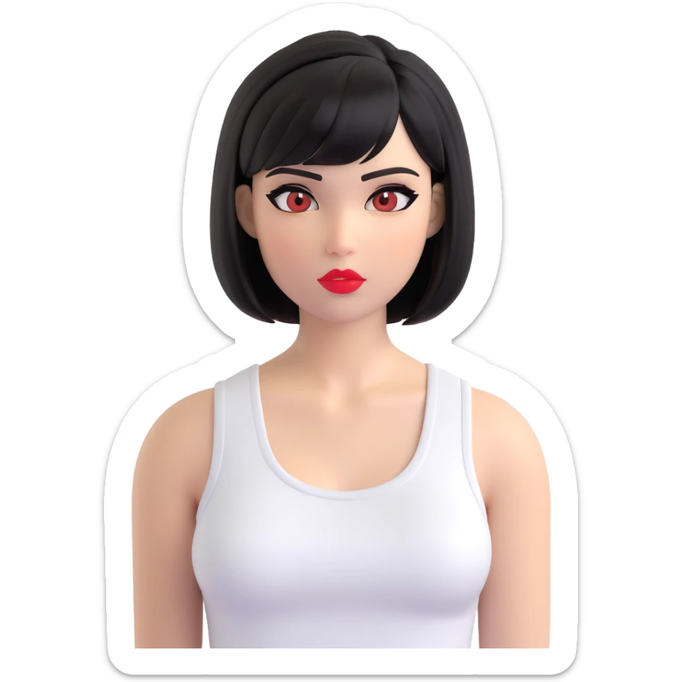 A pretty girl with black straight bob hair. She has hazel eyes with black eyeliner. She has plump red lips. She is wearing a white tank top sticker