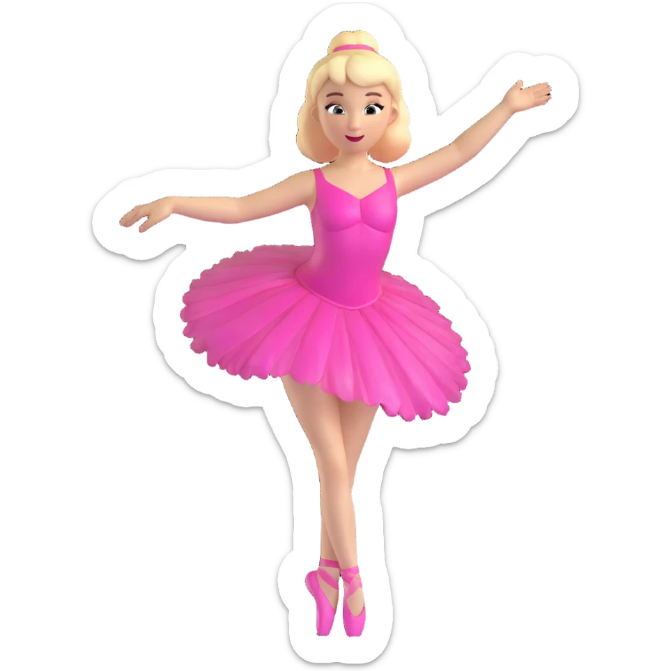 ballerina with blonde hair and white skin, playful pose, shiny costume, expressive face, 3D style sticker