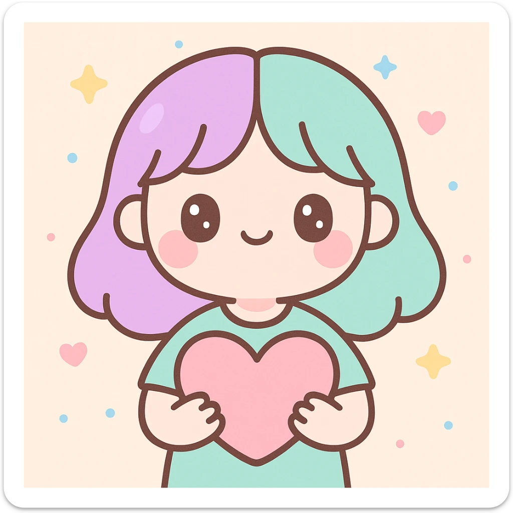 girl with half purple half green hair holding a heart, cute cartoon style sticker