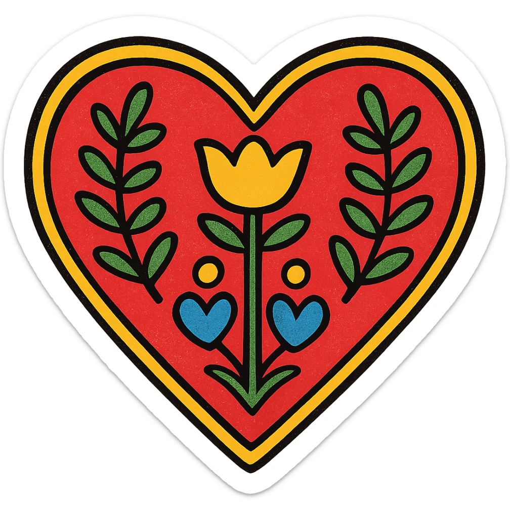 Red heart with a Scandinavian folk art nature motif. Use bright folk colors such as yellow, blue, green, and white for the motif. The design should be simple and bold with a black outline around the motif. Add a gold border around the heart. The motif should remain clear and distinct even at small sizes. Transparent background. sticker