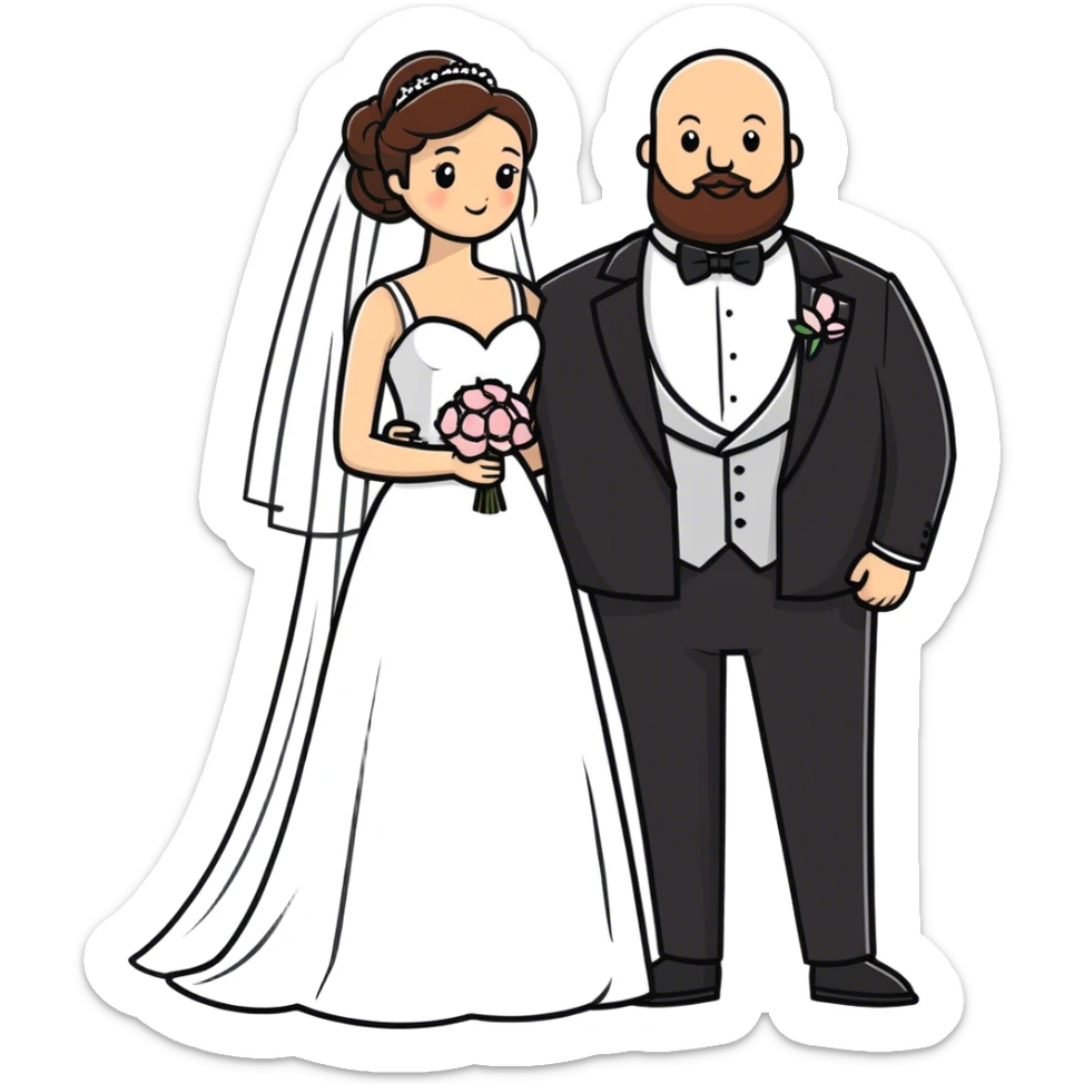 blue-eyed overweight bald man with a beard in a tux and brunette brown-eyed bride sticker