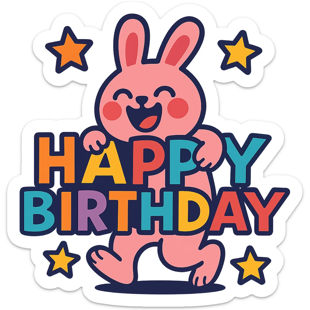 laughing bunny hugging 'Happy Birthday' letters with stars, full body, vibrant-toon style sticker
