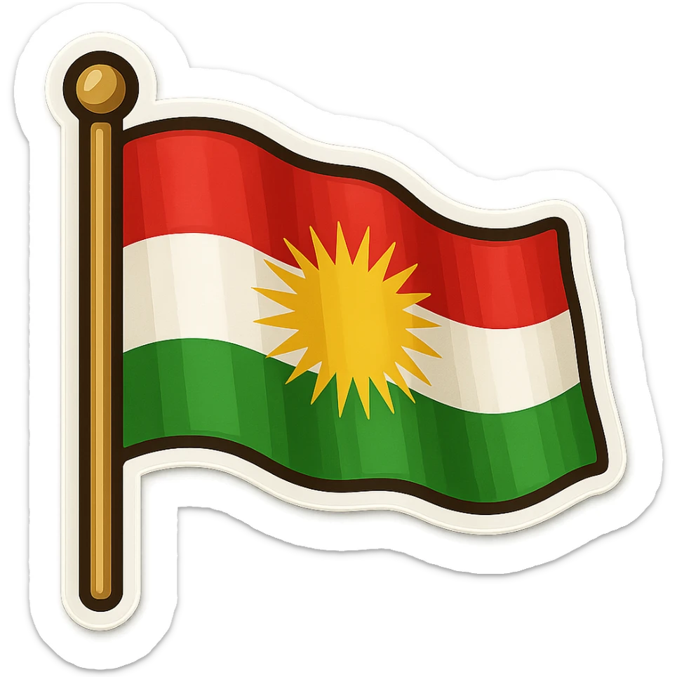 Create a vibrant and colorful sticker of the Kurdistan flag in a wavy and embossed style similar to the first reference image. Include the flagpole as shown. The sticker should have no cartoon elements, no eyes or legs, and be suitable for WhatsApp and Instagram with a transparent background. sticker