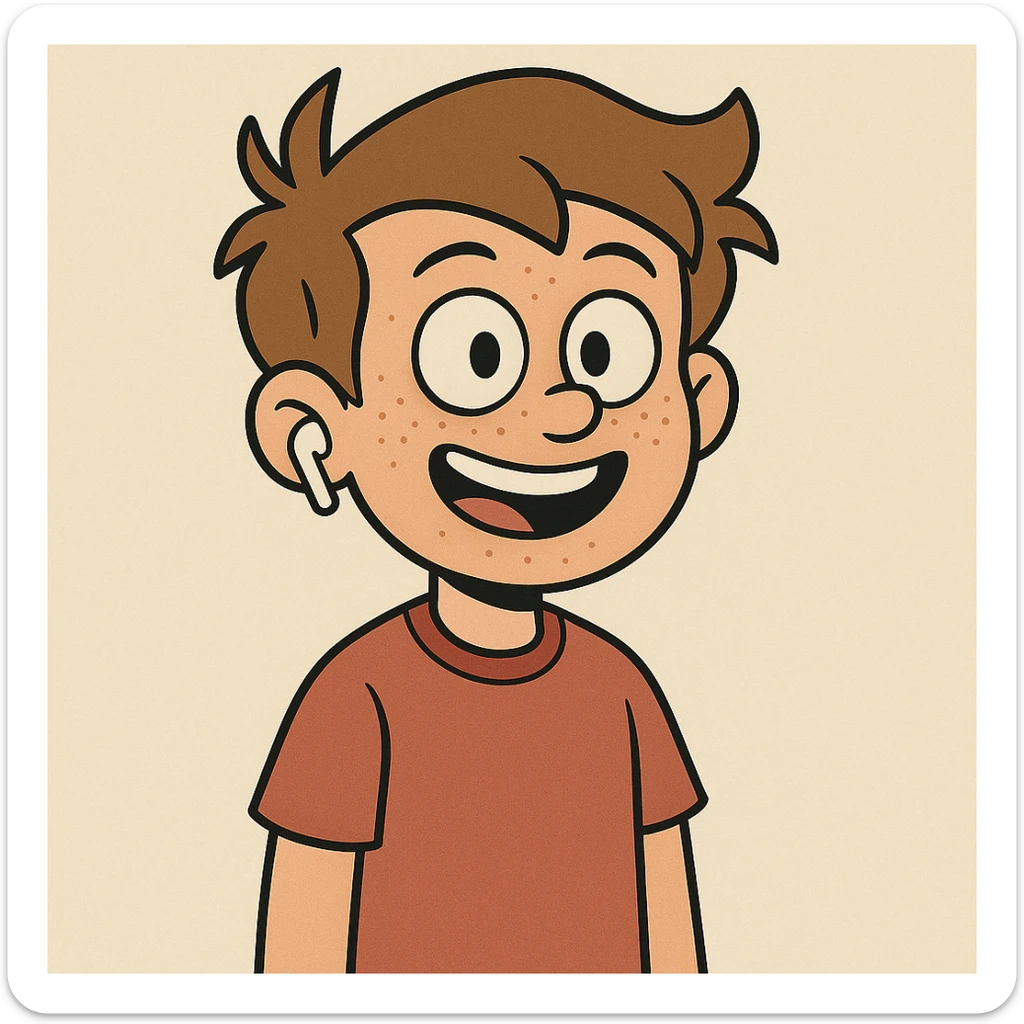 Add freckles to the boy's face and one AirPod in his right ear, keep the cartoon style consistent with flat toon style. sticker