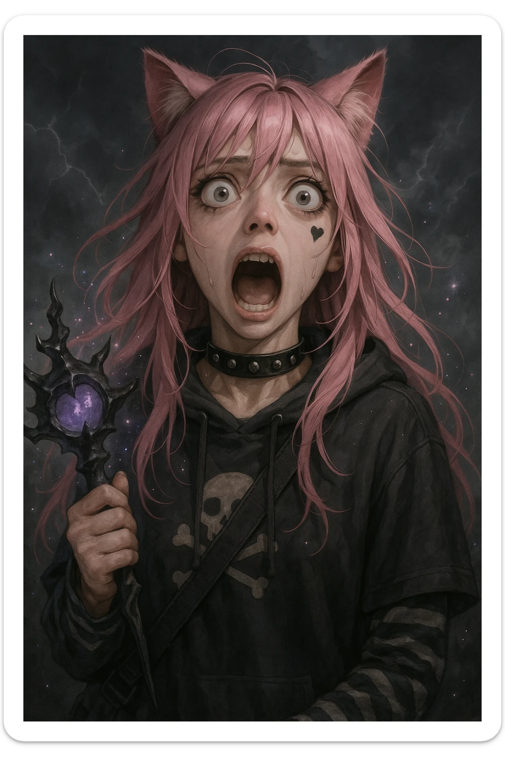 realistic anime catgirl with pink hair, emo streetwear, heart tattoo under left eye, dark magical accessory, sparkles, stormy background, classic horror movie scream face with mouth open, eyes wide in terror sticker
