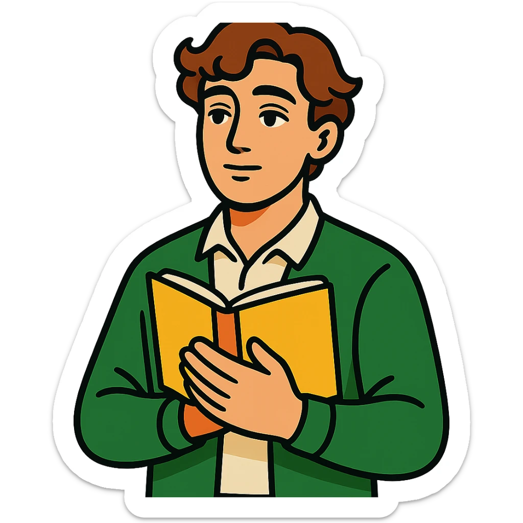 Calm and thoughtful male confidant, fair skin, soft wavy brown hair, gentle eyes, wearing a green cardigan over a light shirt, holding an open journal close to chest, waist-up, front-facing, pure background sticker