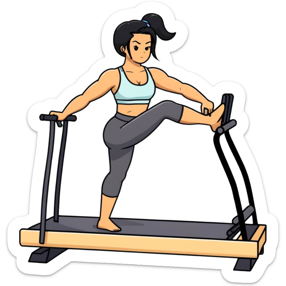 woman with tanned skin, long black hair, wearing a sports bra, doing Pilates on a reformer machine sticker