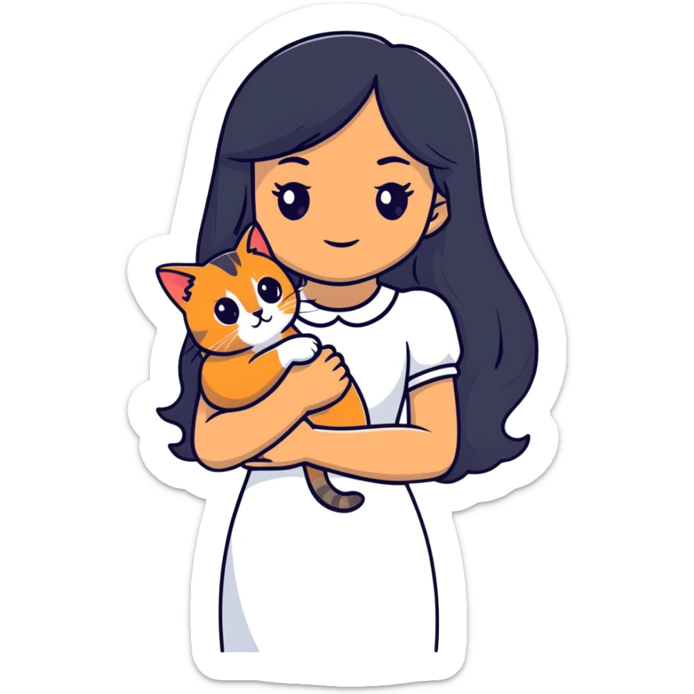 A beautiful girl with long black hair wearing a white dress holds an Abyssinian cat in her arms sticker