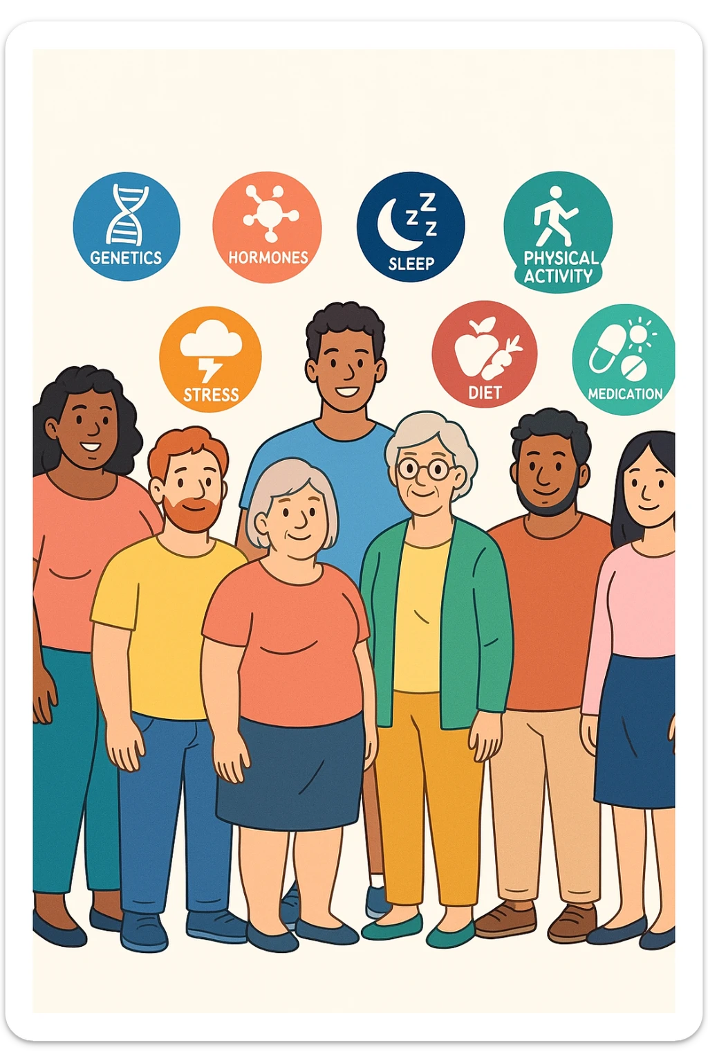a diverse group of people of different body shapes, sizes, ages, and backgrounds stand together, each surrounded by floating icons representing factors like genetics, hormones, stress, sleep, physical activity, diet, medication, and environment. The mood is inclusive and informative, emphasizing that weight is influenced by many interconnected elements. sticker