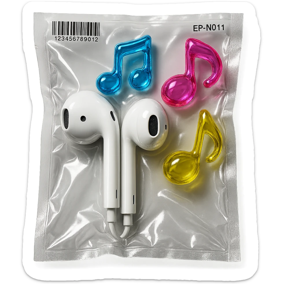 pair of white EarPods with three floating glass music notes in blue, pink, and yellow, shiny and puffy sticker