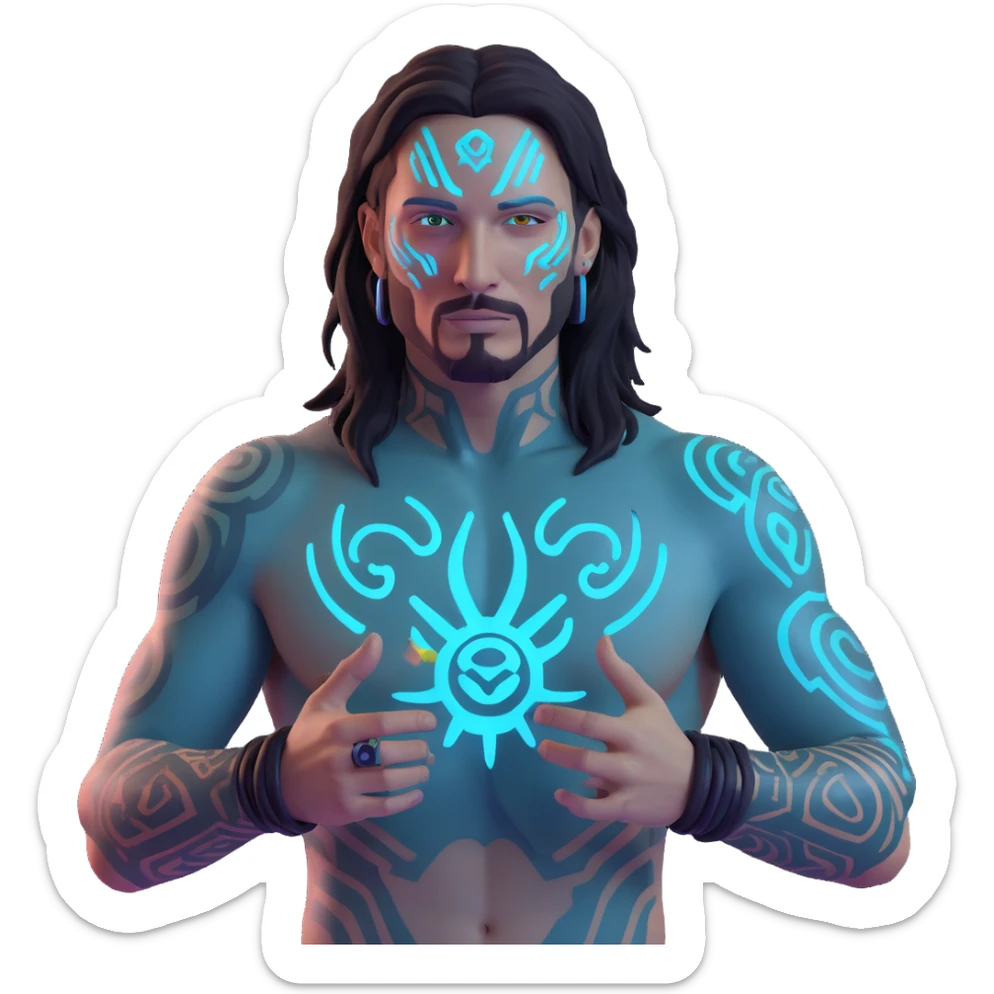Add more cyberpunk details to Johnny Silverhand: glowing neon tattoos, cybernetic enhancements, holographic elements, and a futuristic cityscape background, keep the 3D emoji style, with no background. sticker