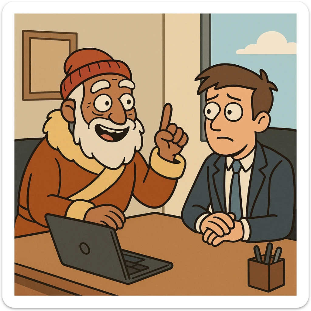 flat toon style sherpa giving business advice to a person in an office setting sticker