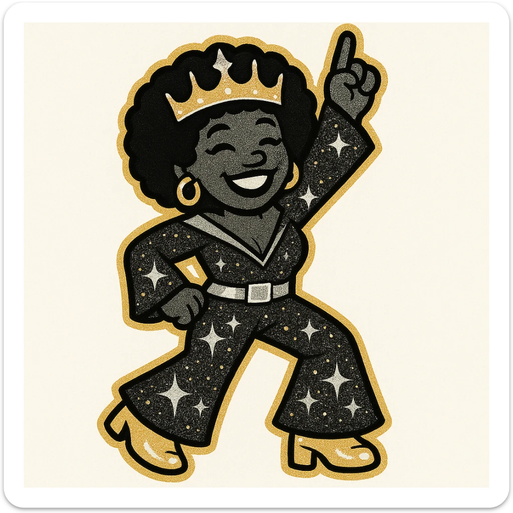 Create a 1970s disco emoji of a female African American with a full body, dancing, wearing a sparkling 70s style crown and matching disco outfit, with a joyful expression and afro hairstyle. Use only gold, silver, black, and white colors in a bold pop colors style. sticker