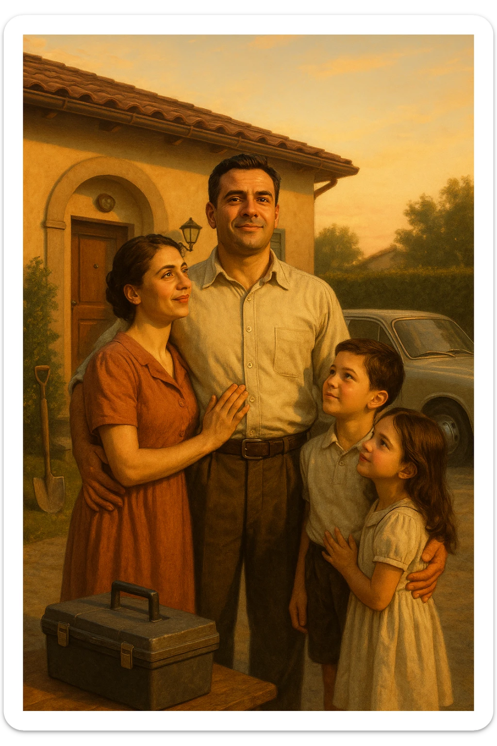 Uomo tra i 35 e i 45 anni, in piedi con postura fiera davanti alla sua casa, circondato dalla famiglia: moglie e figli lo guardano con rispetto e affetto. Indossa abiti semplici ma ordinati, simbolo di lavoro e stabilità (camicia, pantaloni, magari una cassetta degli attrezzi o una valigetta vicino). Sullo sfondo elementi che richiamano i suoi ruoli: casa ordinata, auto familiare, strumenti di lavoro, simboli di protezione e presenza. Espressione serena, forte ma accogliente. Colori caldi, luce naturale del tramonto. Stile realistico, atmosfera rassicurante e simbolica in italia, immagine realistica sticker