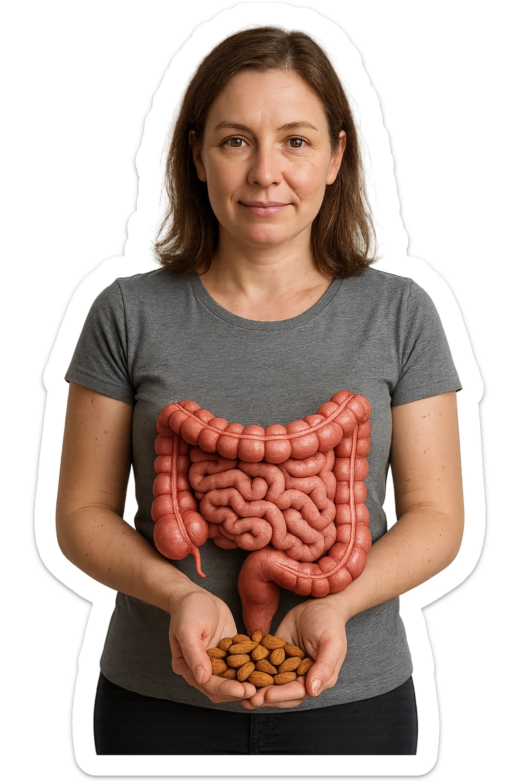 DONNA REALISTICA IN PIEDI CON INTESTINO UMANO ANATOMICO IN EVIDENZA CHE TIENE UNA MANCIATA DI MANDORLE NELLE MANI, iperrealistico 4k, SFONDO BIANCO sticker