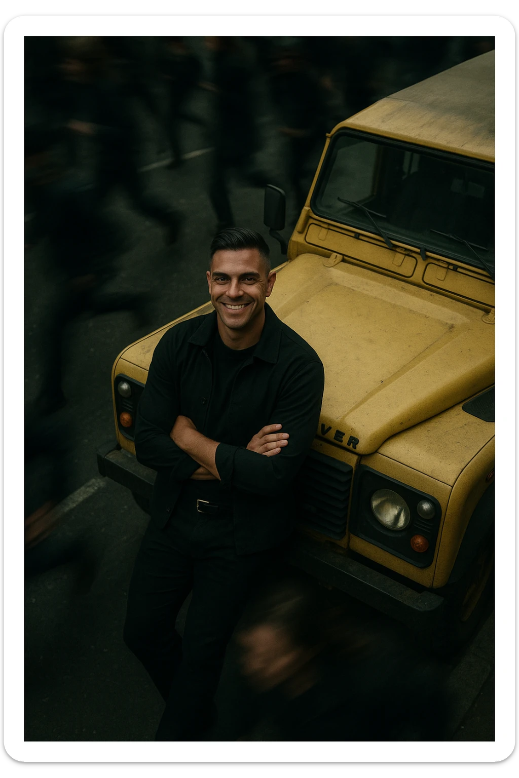 An aerial cinematic shot of me leaning against a yellow land rover defender on the street, wearing a t-shirt under a black jacket. A blurry crowd of people running around me. Gloomy lighting, 35mm film style, shallow depth of field, sharp focus on me.  sticker