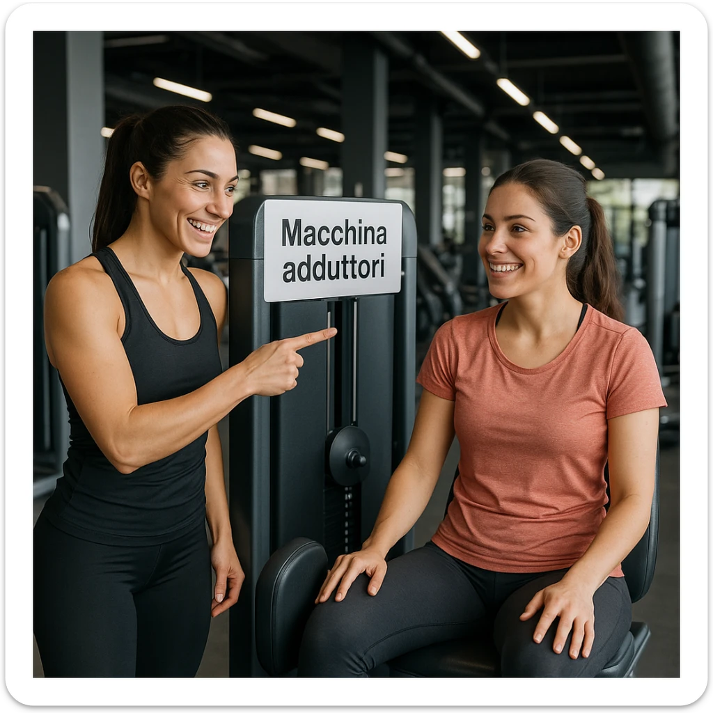 realistic scene of a female personal trainer pointing to the adductor machine to a female client, both in sportswear, motivated expressions, Italian sign 'Adductor machine' clearly visible, guiding atmosphere, detailed, modern gym background, 4K quality sticker