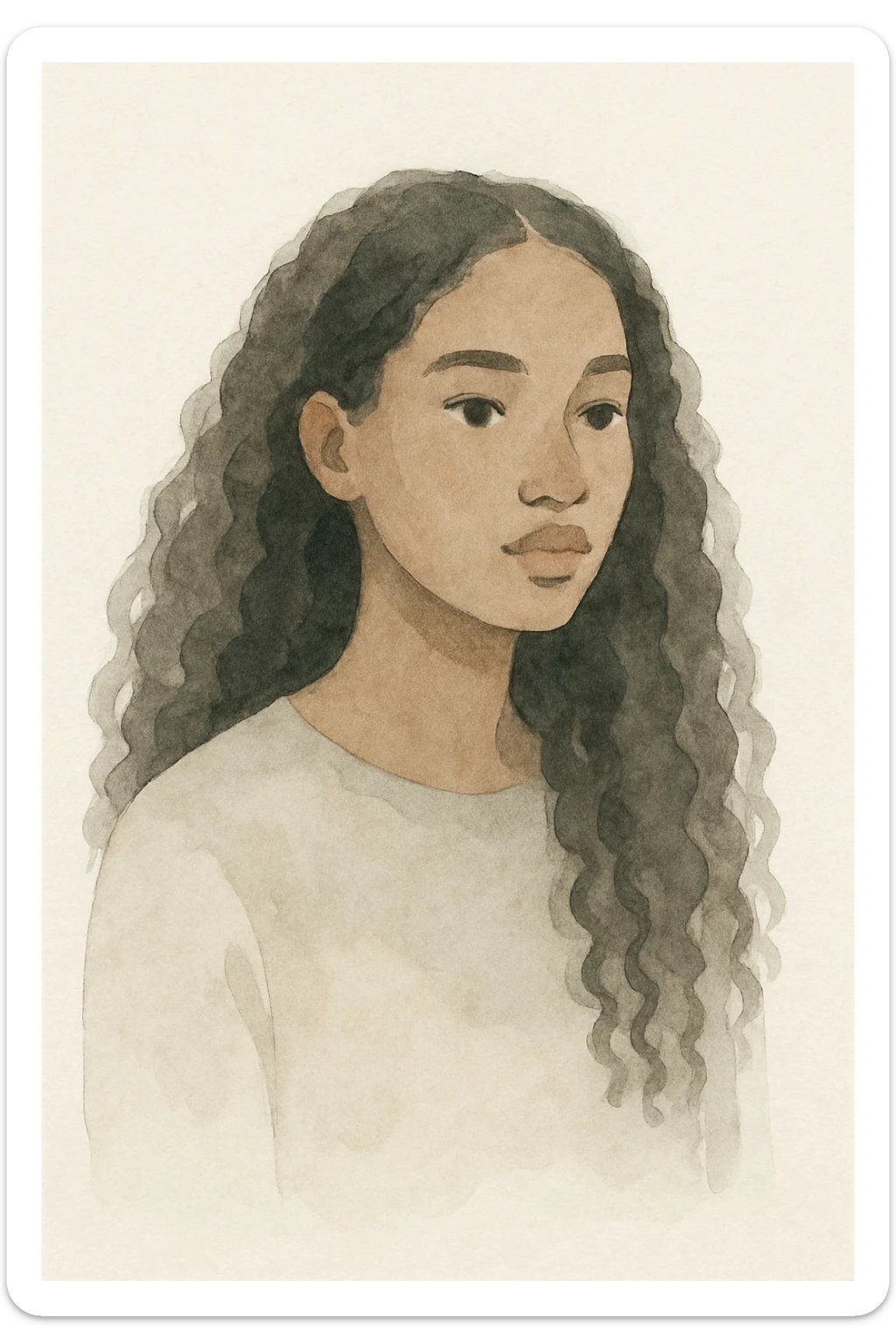 portrait of a dark-skinned girl with long curly hair, watercolor style sticker