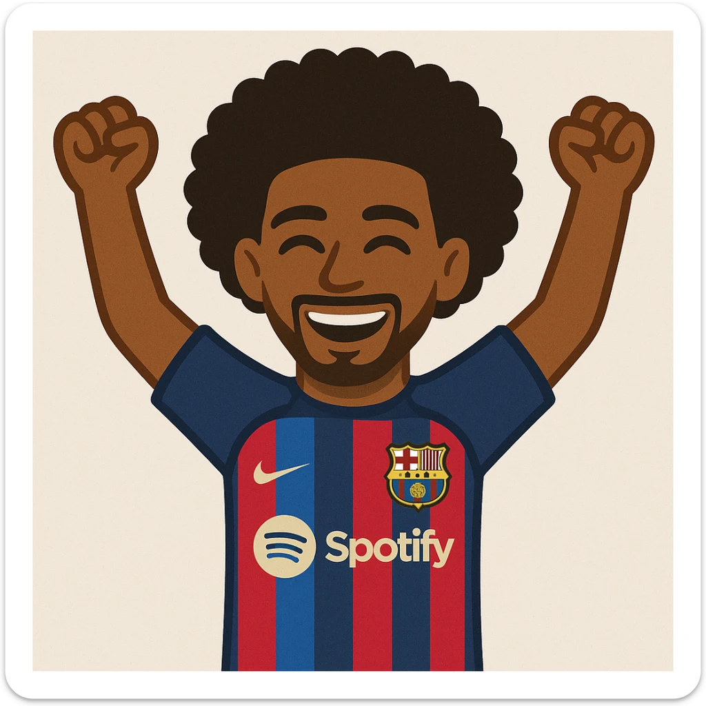 Add afro hair to Raphinha, Barcelona football player, celebrating a goal, arms raised, wearing Barcelona kit. The style should resemble emoji style. sticker