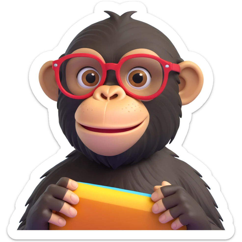chimpanzé avec des lunettes au bord d'une piscine, style 3D emoji sticker