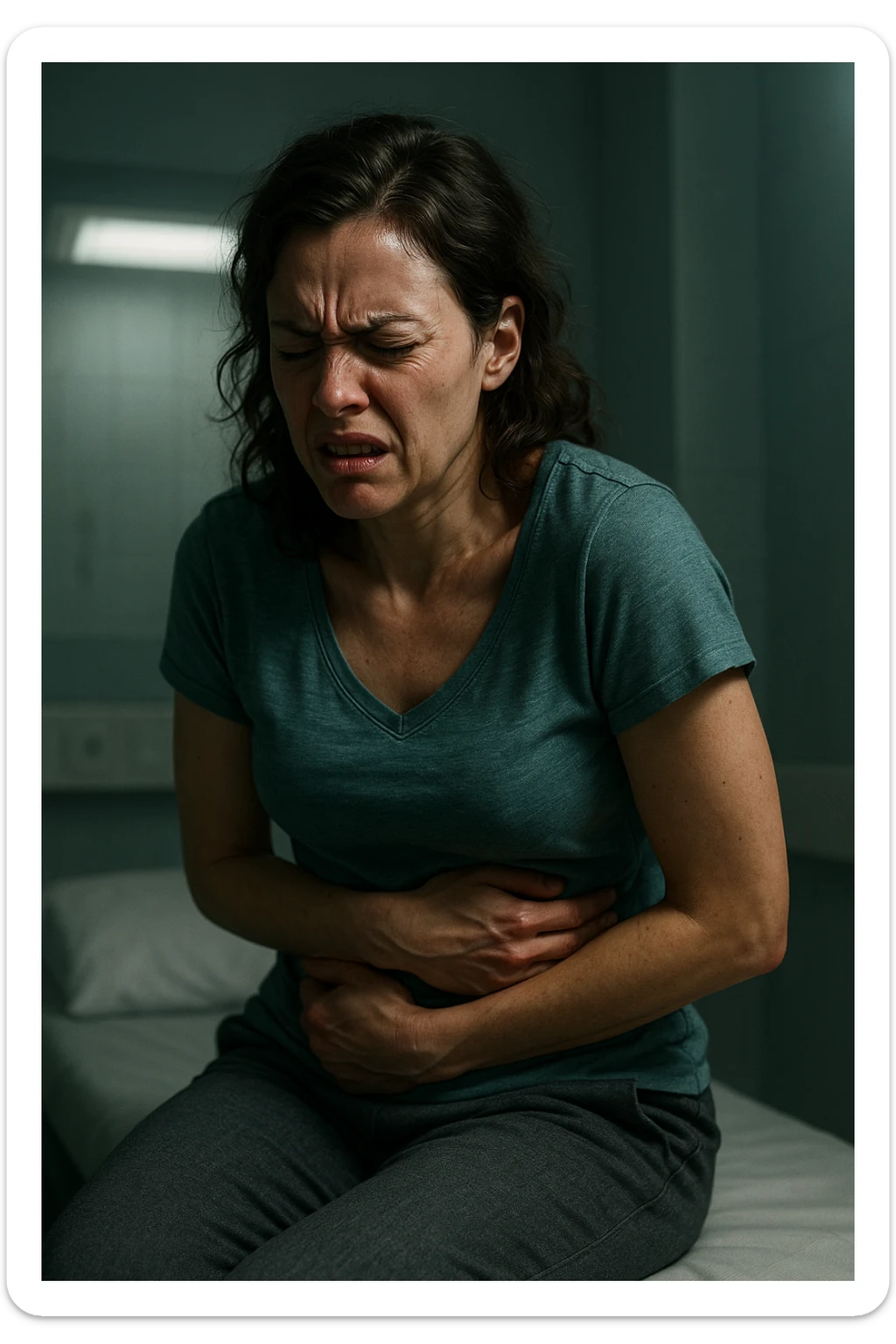 realistic and cinematic illustration of a woman suffering from severe cramps and irritability due to premenstrual syndrome, painful expression, contracted posture, clinical atmosphere, dramatic lighting, realistic details, no text, vertical format 2:3 sticker