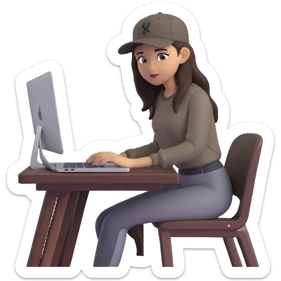 A professional 3D avatar of a young woman with olive skin and long, dark brown hair, wearing a dark, long-sleeved dark taupe shirt and a black baseball cap. She's sitting at a sleek wooden desk, typing on a silver MacBook. sticker
