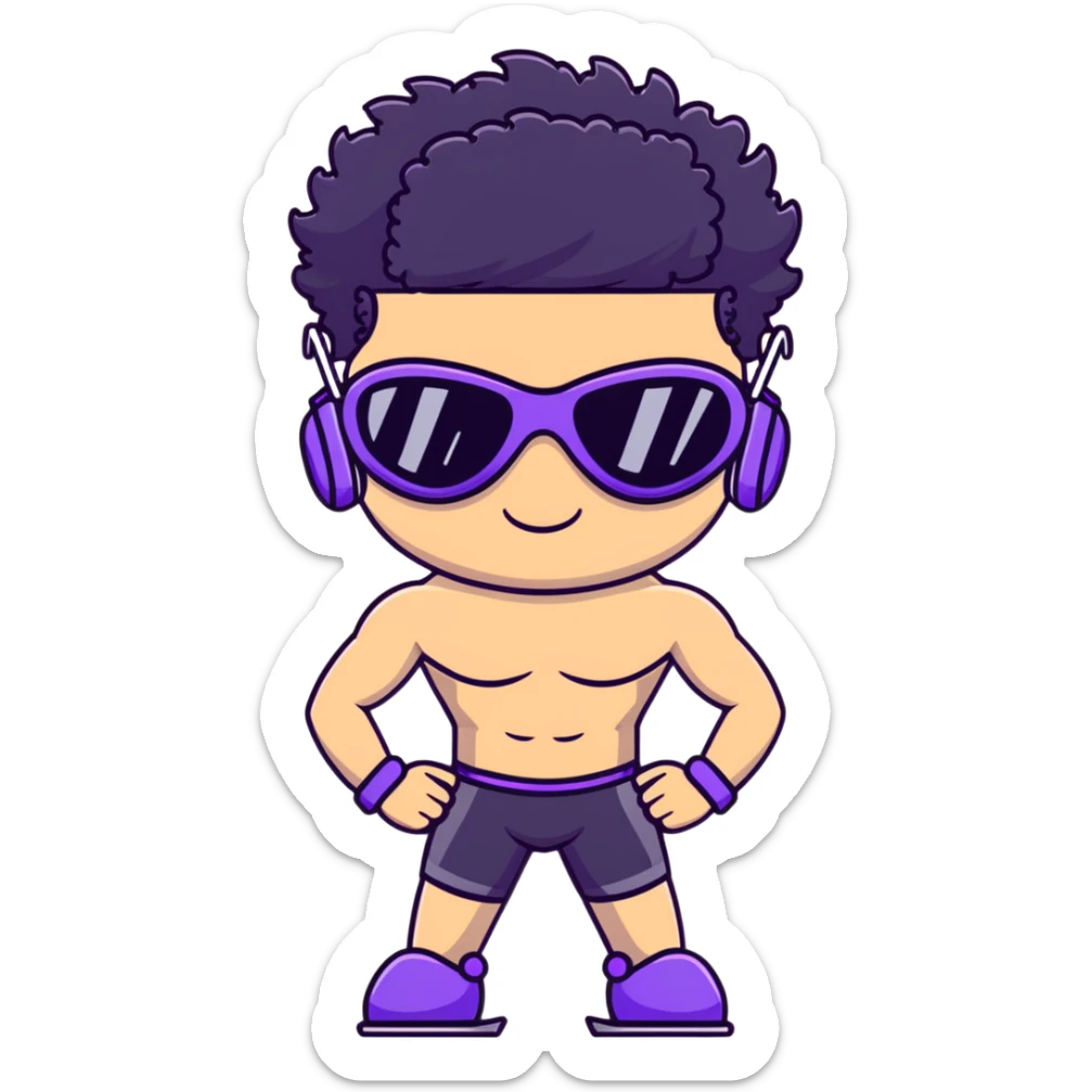 shirtless male athlete with white skin and moderately curly black hair on top with shaved sides, wearing purple ski goggles with black tinted lenses, and a simple plain black chain necklace, no earrings sticker