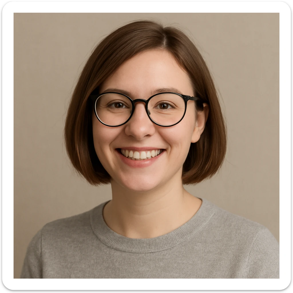 white female with brown bobbed hair, smiling, wearing glasses, neutral background, upper body portrait sticker