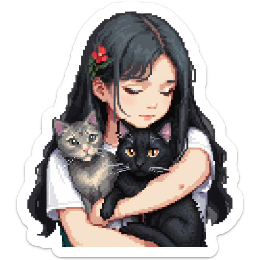 Beautiful girl with long black hair hugs a gray and blond mixed breed cat sticker