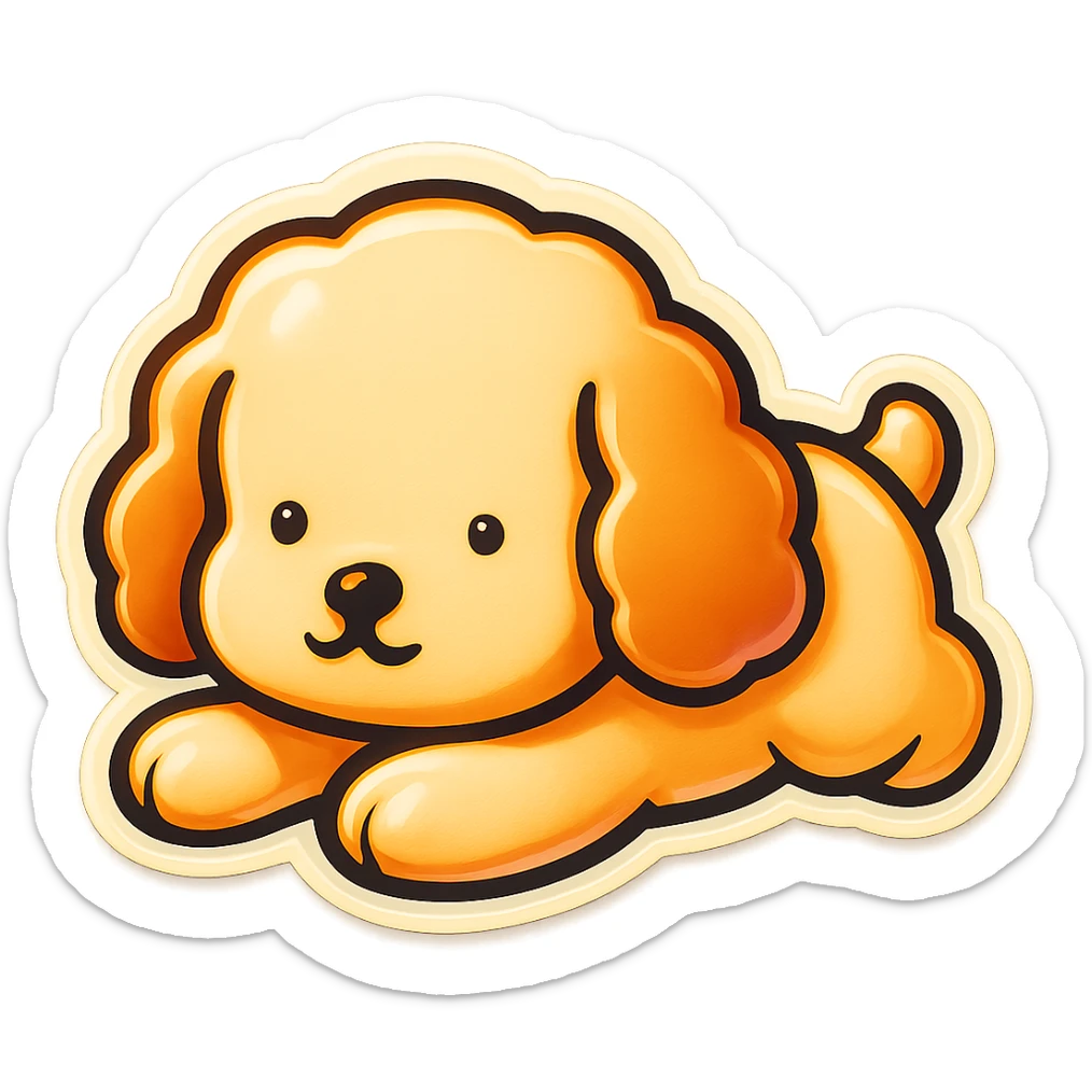 Edit the sticker of the cute dog character lying on its belly with a white background, maintaining the original retro stickers style. sticker