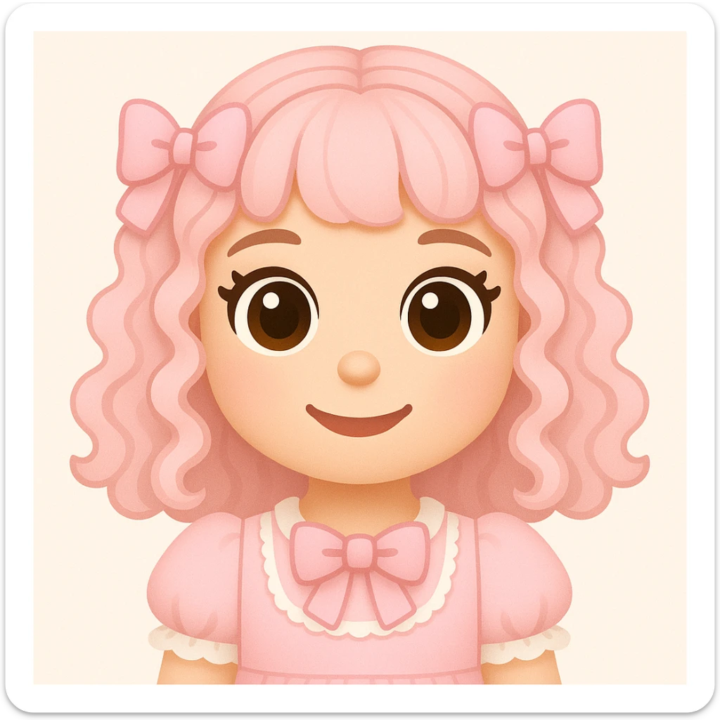 Create a cute soft pink emoji of a girl with curly pastel pink hair, big brown eyes, pink bows, and a frilly dress. The style should match the look of the reference image provided. sticker