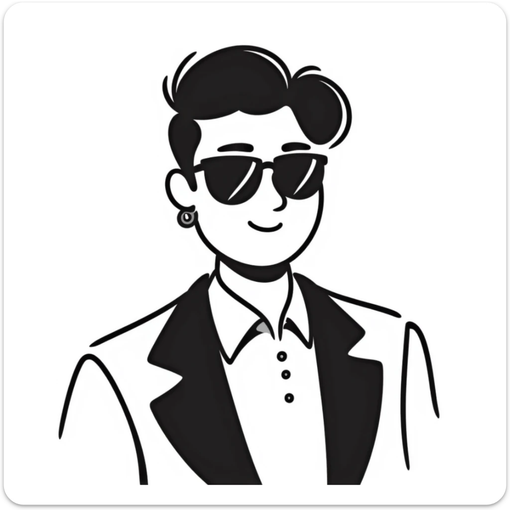 A 30-year-old Latino male musician with a piercing in one ear, wearing sunglasses, with a fashionable short hairstyle styled up and to one side, smiling confidently and wearing a jacket, shrugging his shoulders with a carefree attitude sticker