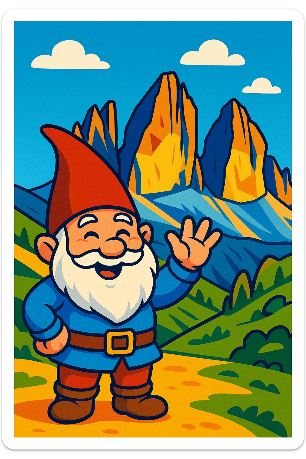 cheerful gnome waving in front of the Tre Cime di Lavaredo mountains, Dolomites, with clear blue sky, colorful and friendly style sticker