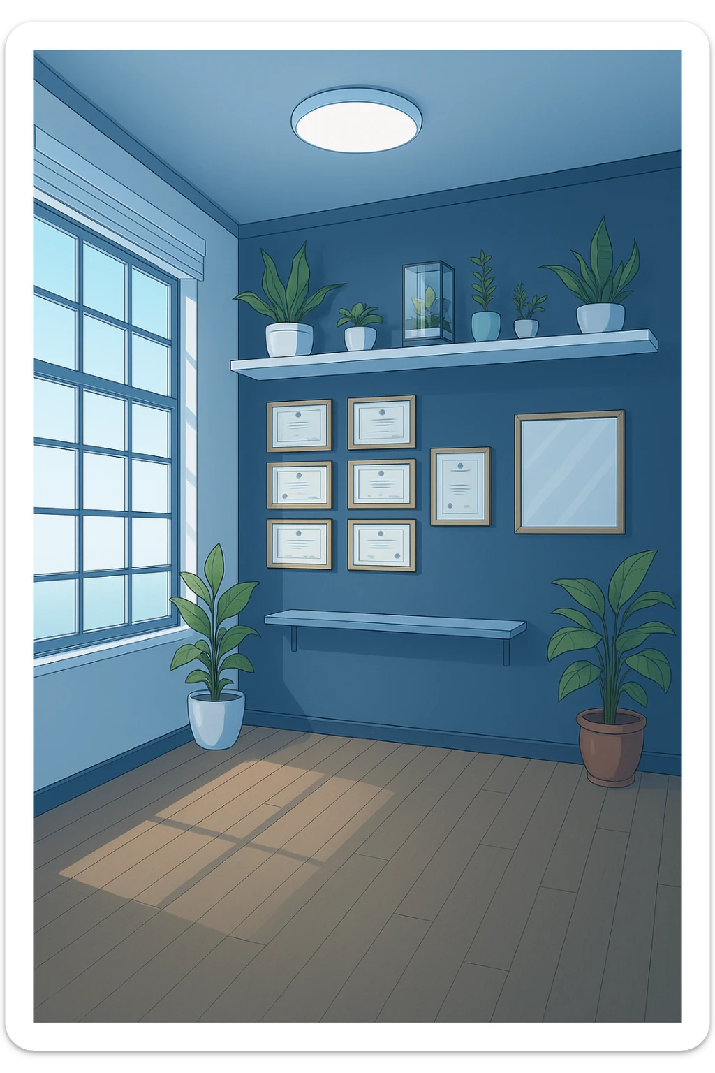 faMMI QUESTA STANZA STILE MANGA/WEBTOON A COLORI SENZA LE PERSONE E SENZA LETTINO, SOLO LA STANZA. FALLA MOLTO PIù LUMINOSA CON LUCI PIù FREDDE E MODERNE, NON LUCI GIALLE sticker