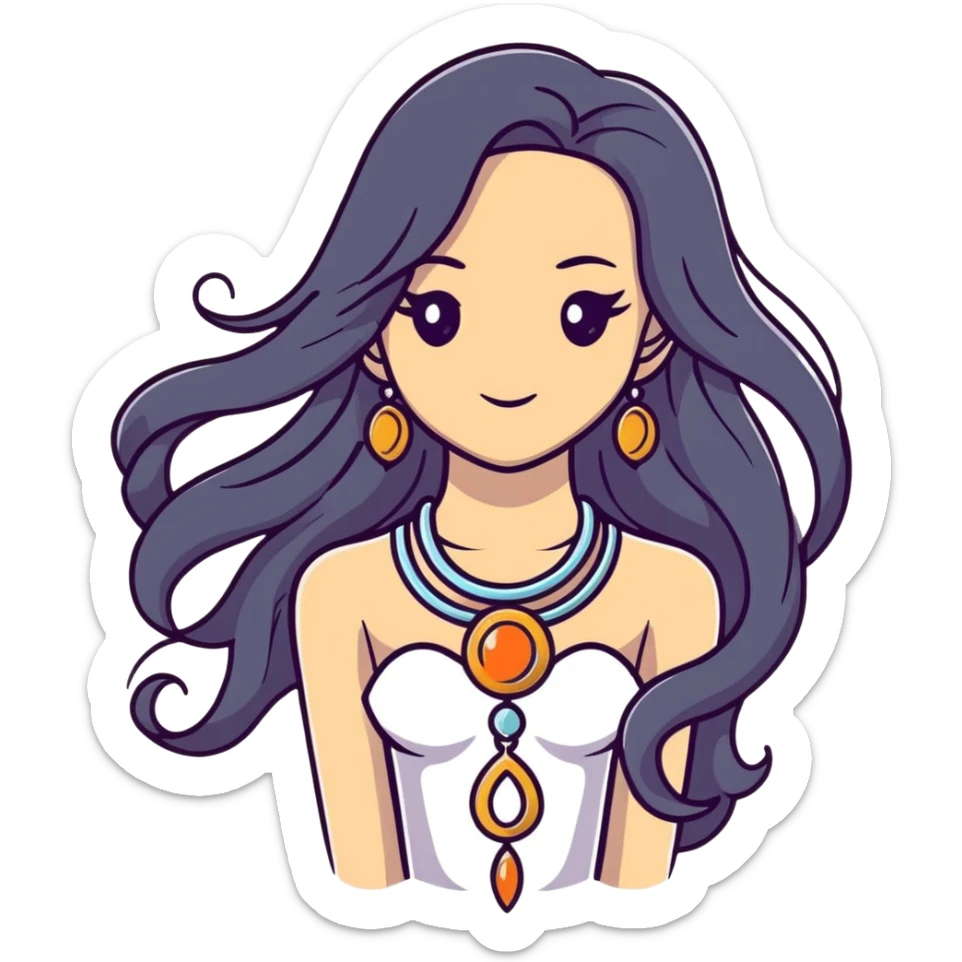 Beautiful fantasy girl with metal jewelry and long flowing hair, mystical princess sticker
