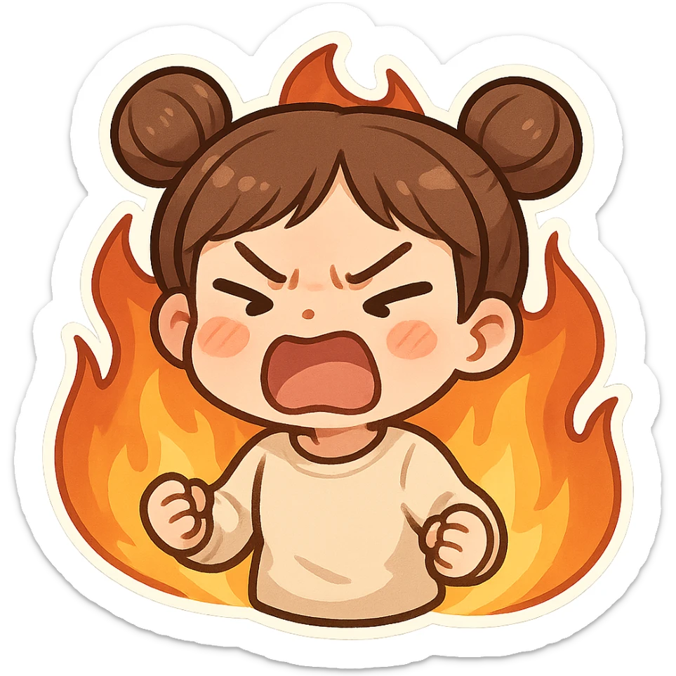chibi sticker of a girl with double bun hairstyle, same face and clothes as before, screaming angrily, surrounded by flames, furious expression sticker