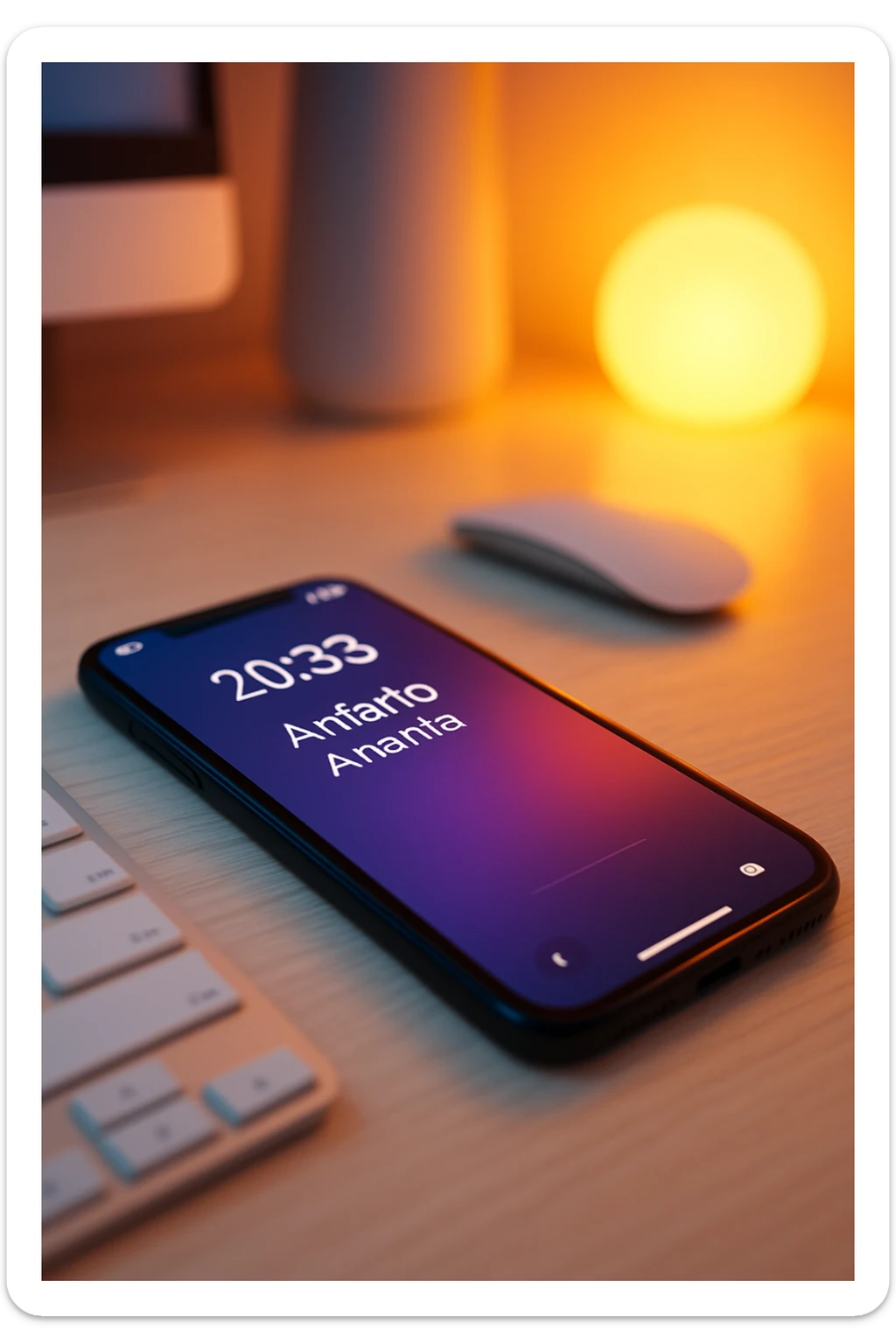 A photo of an iPhone on the desk with the message "Antonio Anania" on its screen, The phone sits atop a desk with a blurred background that suggests work environment. A faint glow from above casts gentle shadows across the surface of each object, creating depth and highlighting their textures sticker