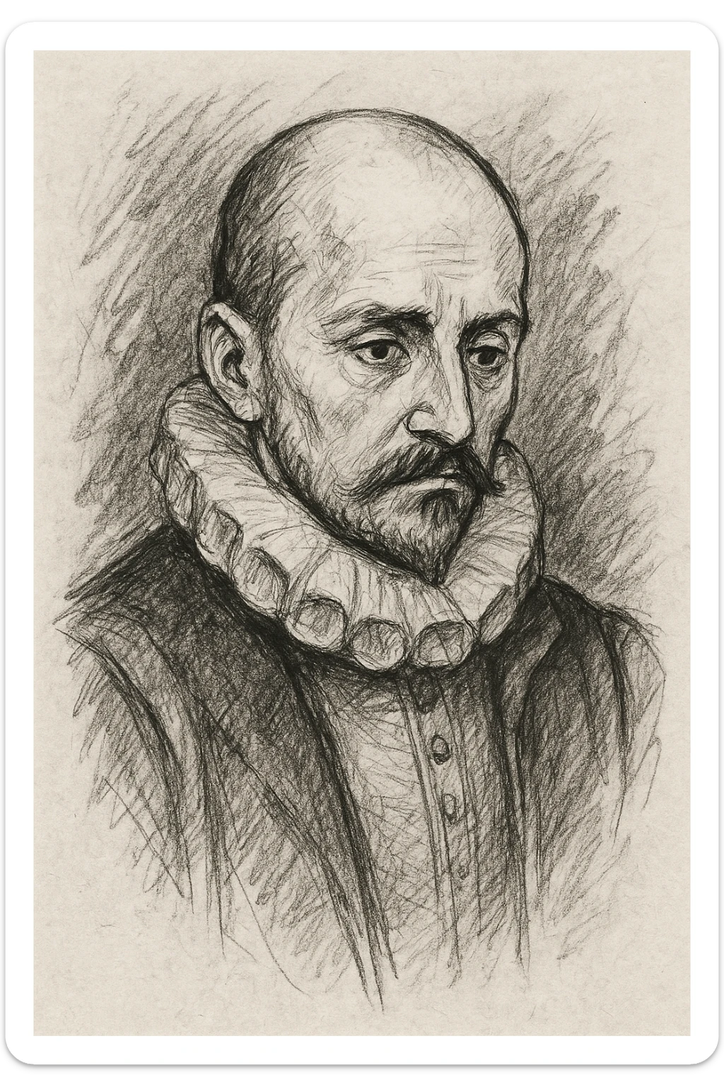 make a less detailed portrait of Montaigne, the french philosopher, a black outline sticker