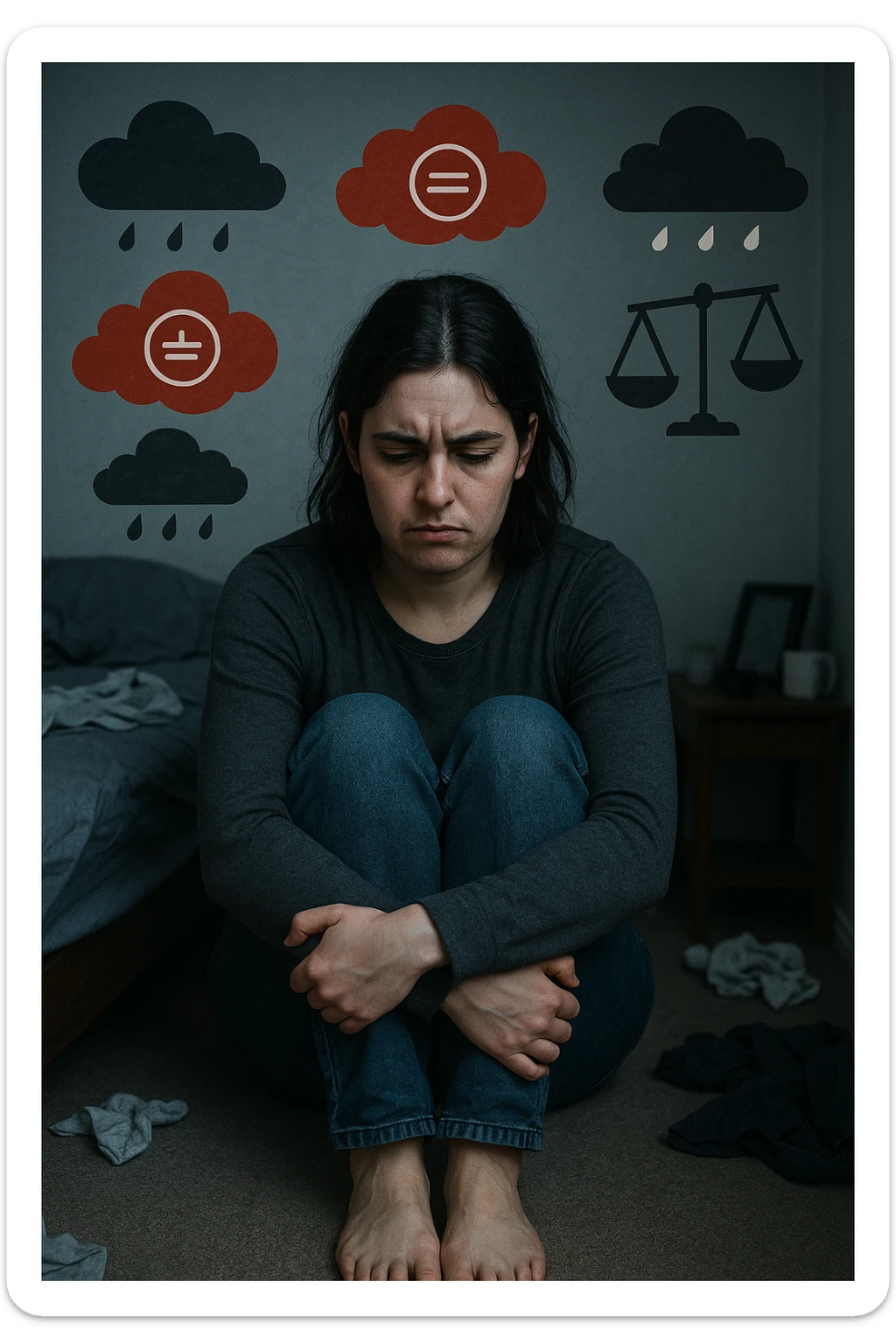 Donna tra i 25 e i 35 anni seduta da sola in una stanza, con lo sguardo basso e un’espressione di frustrazione e stanchezza. Sul volto si notano peli visibili sul mento e sopra il labbro, simbolo di irsutismo. Intorno a lei, l’ambiente appare disordinato, con luci fredde e atmosfera pesante. In trasparenza, simboli stilizzati di sbalzi d’umore (nuvole scure e rosse alternate a simboli di calma), e una bilancia emotiva sbilanciata. Le mani stringono le gambe, in gesto di disagio fisico ed emotivo. Colori cupi con accenti contrastanti. Stile realistico con elementi simbolici sticker